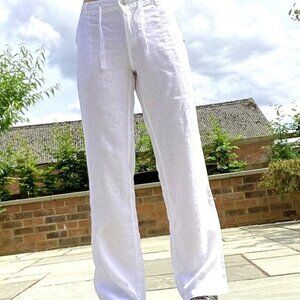 Linen Flowy Boho chic White Straight Trousers